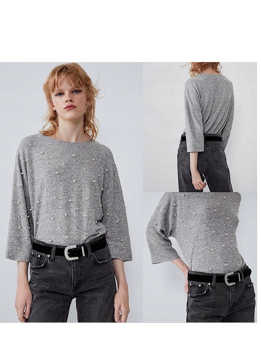 Zara Pearl-Embellished Gray Crewneck